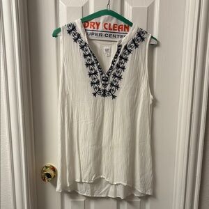 White Sleeveless Top with Blue Embroidery